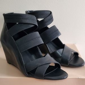 BCBGeneration Cathleen Strappy Leather Black Covered Wedge Sandals